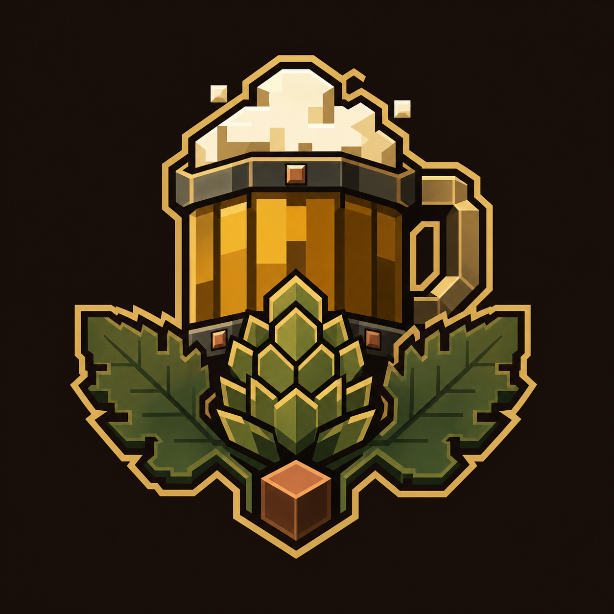 Emblem der Max Brauerei SMP mit Bierkrug, Hopfen und Minecraft-Block